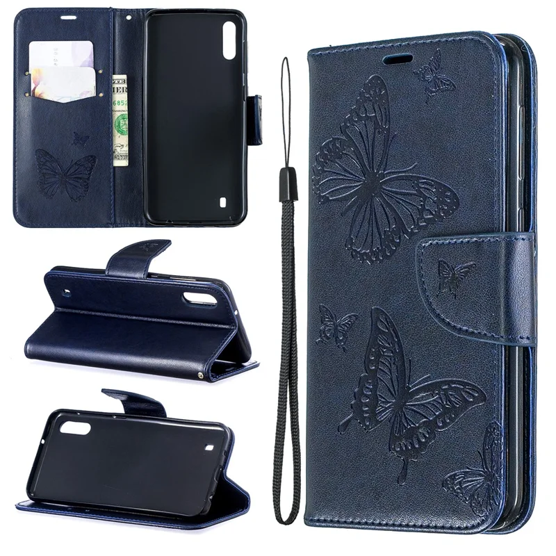 Imprint Butterfly Leather Wallet Case for Samsung Galaxy A10 / M10 - Blue