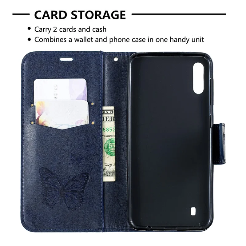 Imprint Butterfly Leather Wallet Case for Samsung Galaxy A10 / M10 - Blue