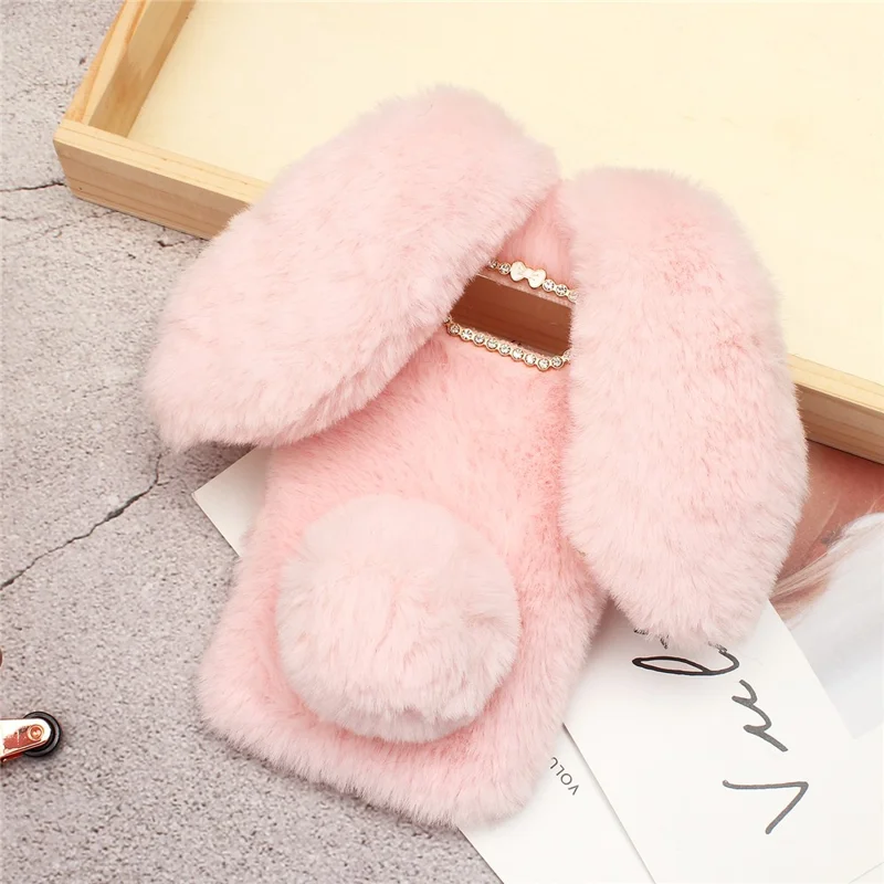 Rabbit Shape Fluffy Fur Coated Rhinestone TPU Case for Samsung Galaxy S10 Plus - Pink