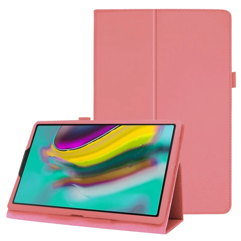 Litchi Texture Leather Case for Samsung Galaxy Tab A 10.1 (2019) Scratch Resistant Dual-fold Stand Flip Tablet Cover with Elastic Strap - Pink