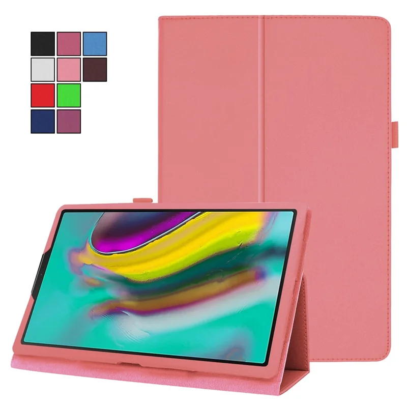 Litchi Texture Leather Case for Samsung Galaxy Tab A 10.1 (2019) Scratch Resistant Dual-fold Stand Flip Tablet Cover with Elastic Strap - Pink