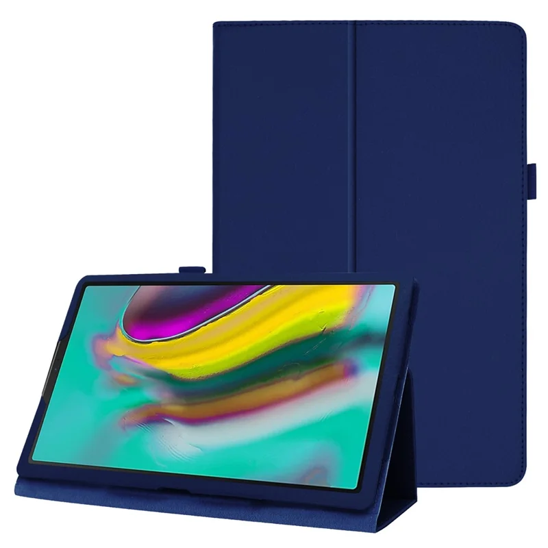 Litchi Texture Leather Case for Samsung Galaxy Tab A 10.1 (2019) Scratch Resistant Dual-fold Stand Flip Tablet Cover with Elastic Strap - Dark Blue