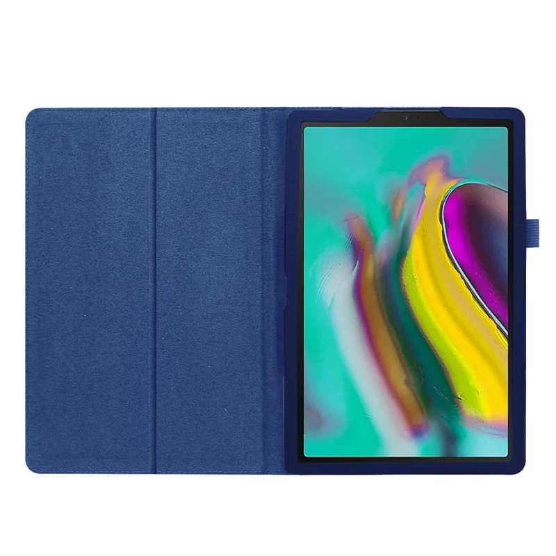 Litchi Texture Leather Case for Samsung Galaxy Tab A 10.1 (2019) Scratch Resistant Dual-fold Stand Flip Tablet Cover with Elastic Strap - Dark Blue
