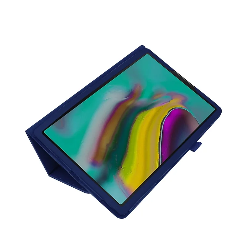 Litchi Texture Leather Case for Samsung Galaxy Tab A 10.1 (2019) Scratch Resistant Dual-fold Stand Flip Tablet Cover with Elastic Strap - Dark Blue