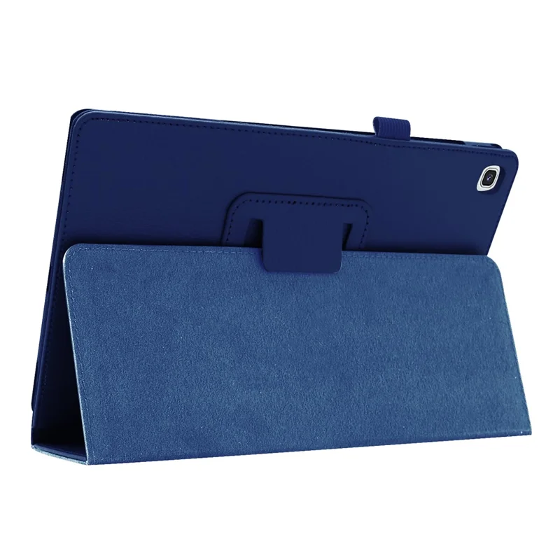 Litchi Texture Leather Case for Samsung Galaxy Tab A 10.1 (2019) Scratch Resistant Dual-fold Stand Flip Tablet Cover with Elastic Strap - Dark Blue