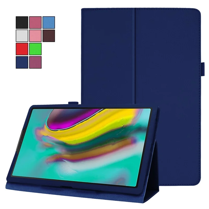 Litchi Texture Leather Case for Samsung Galaxy Tab A 10.1 (2019) Scratch Resistant Dual-fold Stand Flip Tablet Cover with Elastic Strap - Dark Blue