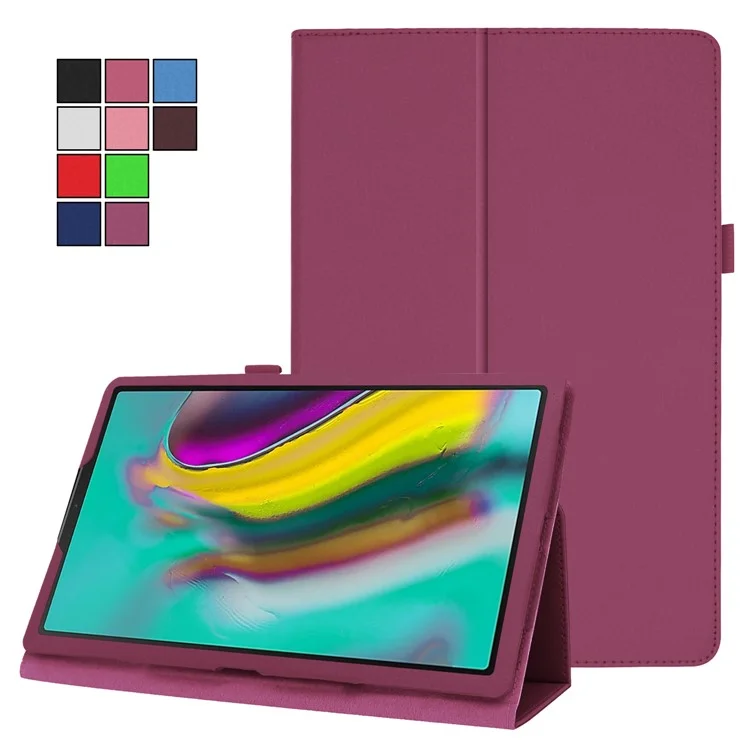 Étui en Cuir de Texture Litchi Pour Samsung Galaxy Tab A 10.1 (2019) Couvercle de Tablette de Basculement à Deux Fois Résistant à un Stroche Avec Sangle Élastique - Violet