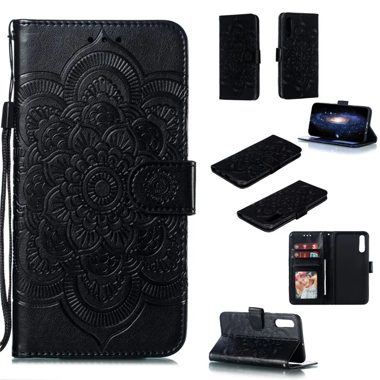 For Samsung Galaxy A50/A50s/A30s  Imprint Mandala Flower Leather Wallet Case Phone Cover - Black