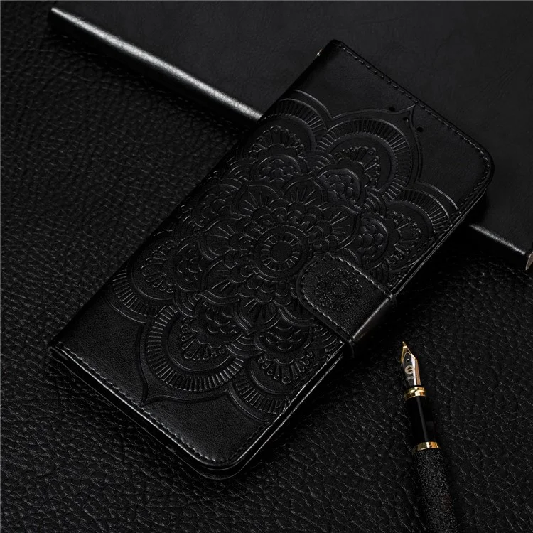 For Samsung Galaxy A50/A50s/A30s  Imprint Mandala Flower Leather Wallet Case Phone Cover - Black