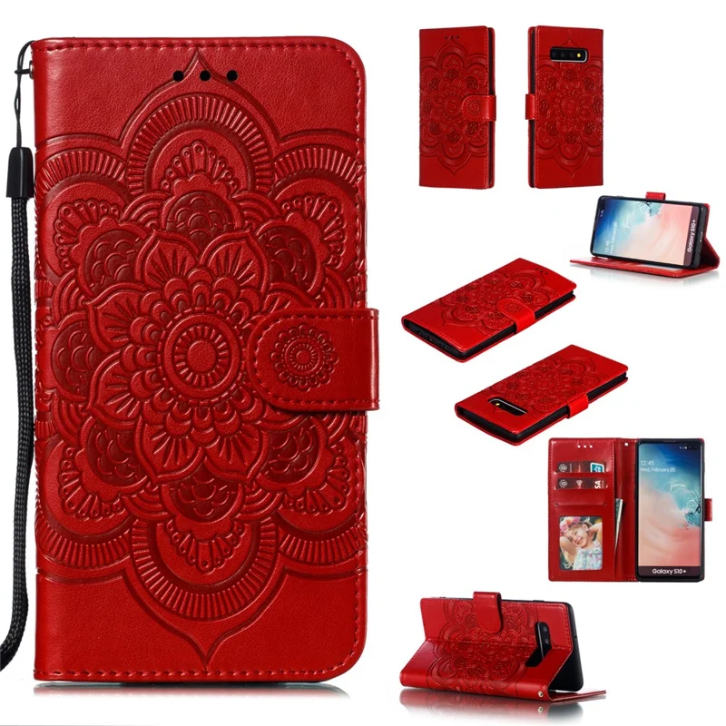 Per Samsung Galaxy S10 Plus Impronta Mandala Flower Pelle Portafoglio Case Custodia Telefono - Rosso