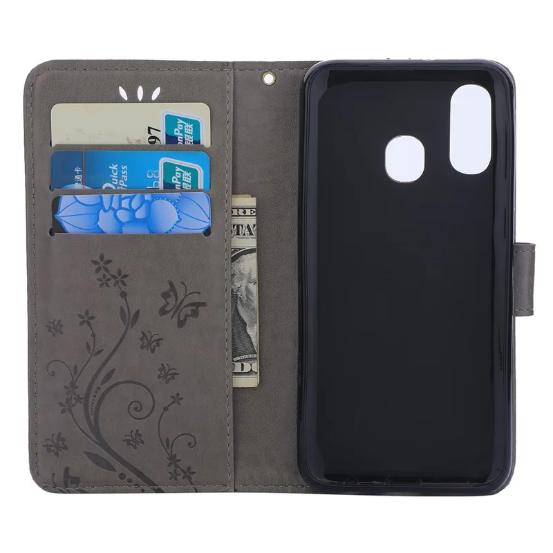 For Samsung Galaxy A40 Imprint Butterfly Flower Leather Wallet Case Cover Phone - Grey