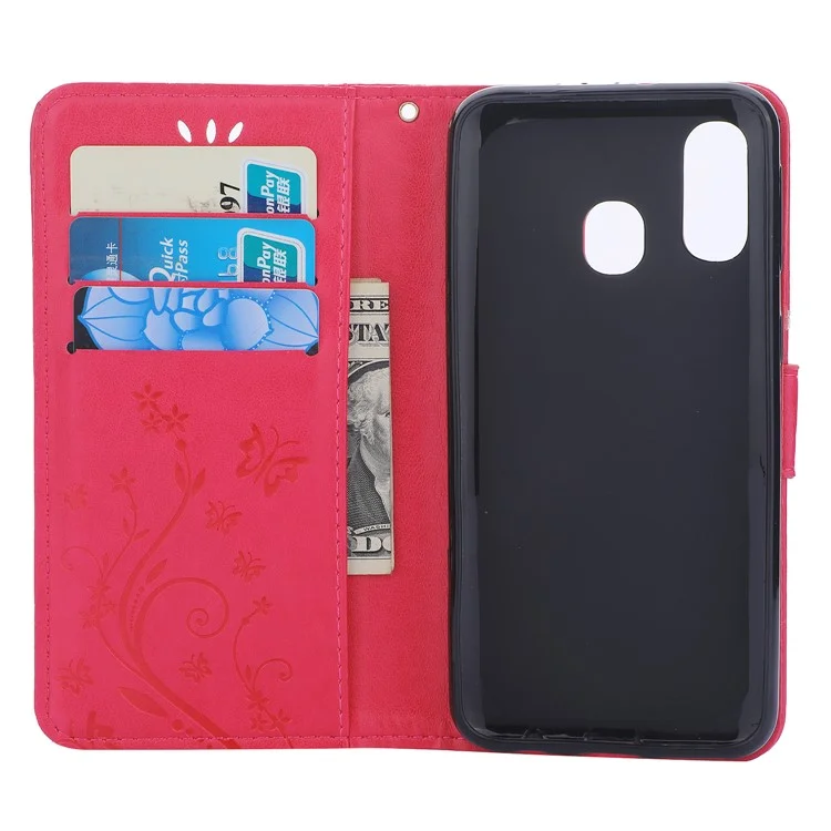 Für Samsung Galaxy A40 Impressgloter Butterfly Blume Leder Brieftasche Hülle Deckung Telefon - Rose