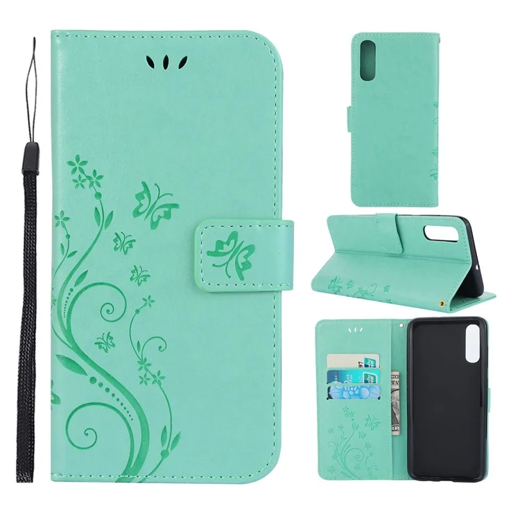 Pour Samsung Galaxy A70 Imprint Butterfly Fleur en Cuir de Porte - Vert