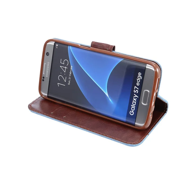 Jeans Cloth Leather Stand Case for Samsung Galaxy S7 Edge G935 - Light Blue