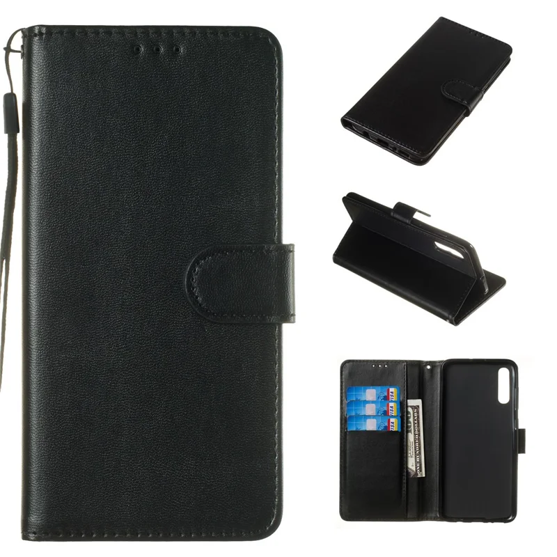 Effen Kleur Lederen Portemonnee Stand Telefoonhoesje voor Samsung Galaxy A70 - Zwart