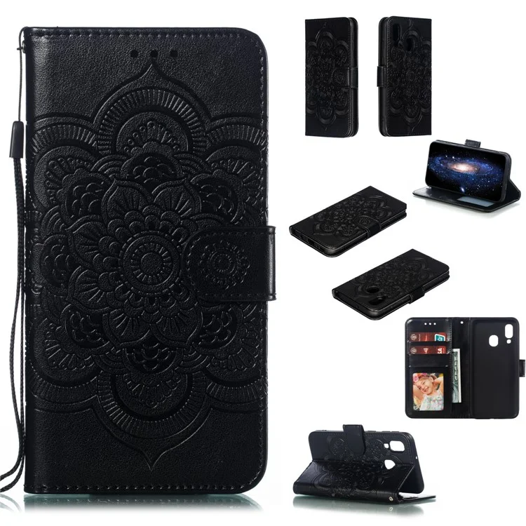 Imprint Mandala Flower Leather Wallet Case per Samsung Galaxy A40 - Nero