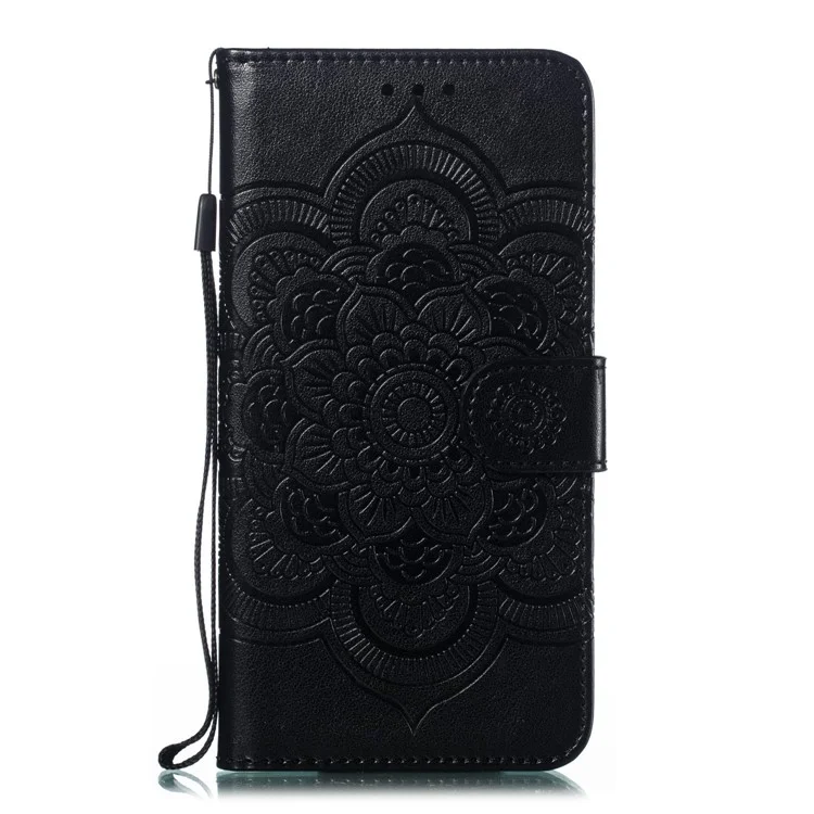 Imprint Mandala Flower Leather Wallet Case per Samsung Galaxy A40 - Nero