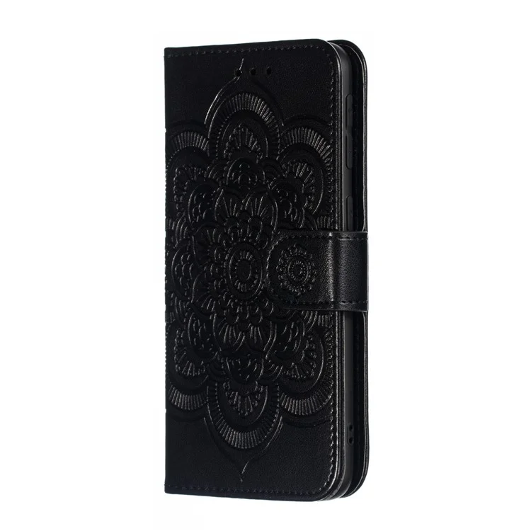 Imprint Mandala Flower Leather Wallet Case per Samsung Galaxy A40 - Nero