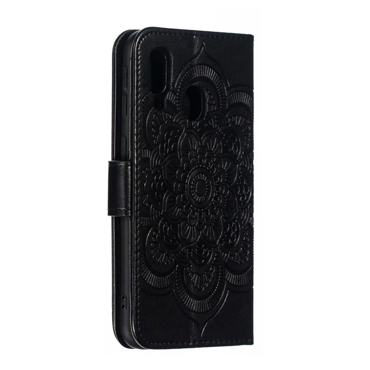 Imprint Mandala Flower Leather Wallet Case per Samsung Galaxy A40 - Nero