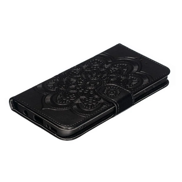 Imprint Mandala Flower Leather Wallet Case per Samsung Galaxy A40 - Nero