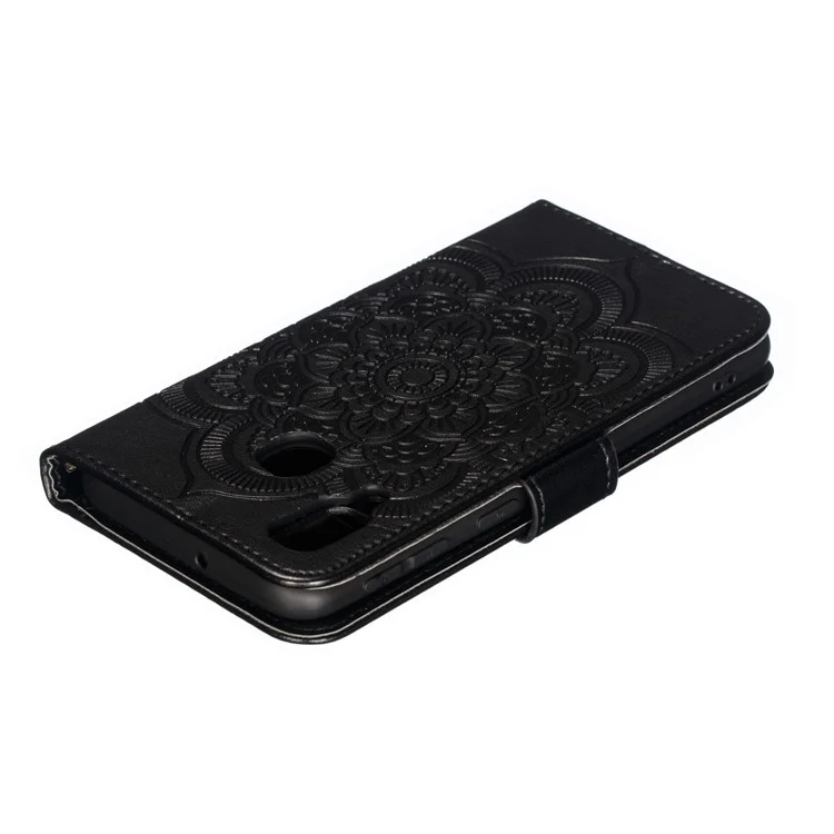 Imprint Mandala Flower Leather Wallet Case per Samsung Galaxy A40 - Nero