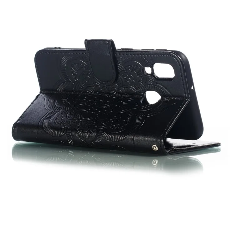 Imprint Mandala Flower Leather Wallet Case per Samsung Galaxy A40 - Nero