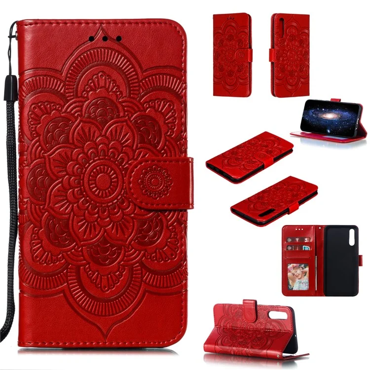 Impreinte Mandala Flower Stand Portefeuille Cas Pour Samsung Galaxy A70 - Rouge