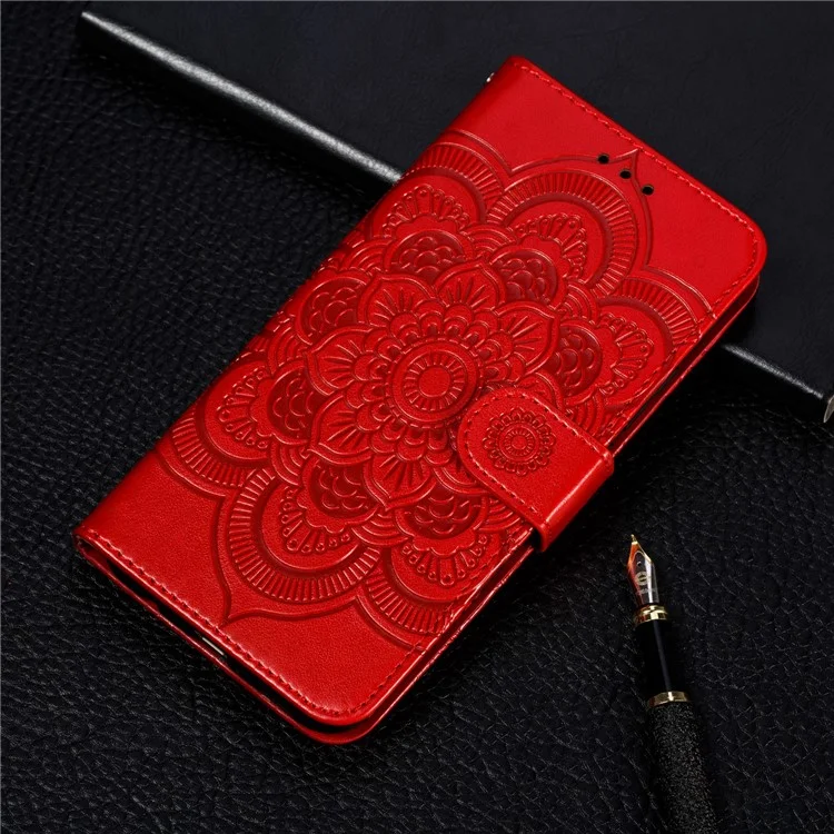 Impronta Mandala Flower Stand Wallet Canda di Pelle Per Samsung Galaxy A70 - Rosso