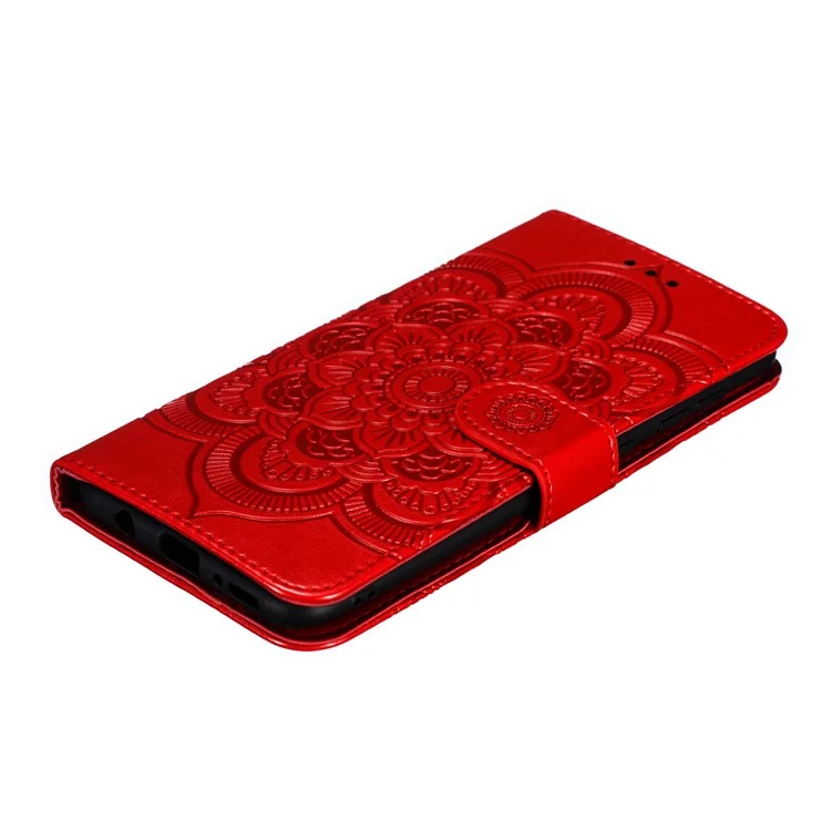 Impronta Mandala Flower Stand Wallet Canda di Pelle Per Samsung Galaxy A70 - Rosso