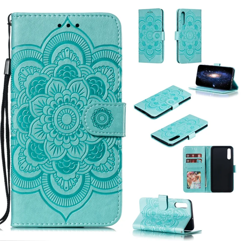 Impreinte Mandala Flower Stand Portefeuille Cas Pour Samsung Galaxy A70 - Cyan