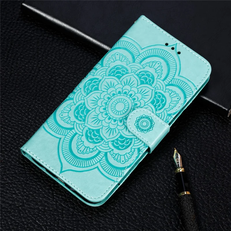 Impreinte Mandala Flower Stand Portefeuille Cas Pour Samsung Galaxy A70 - Cyan