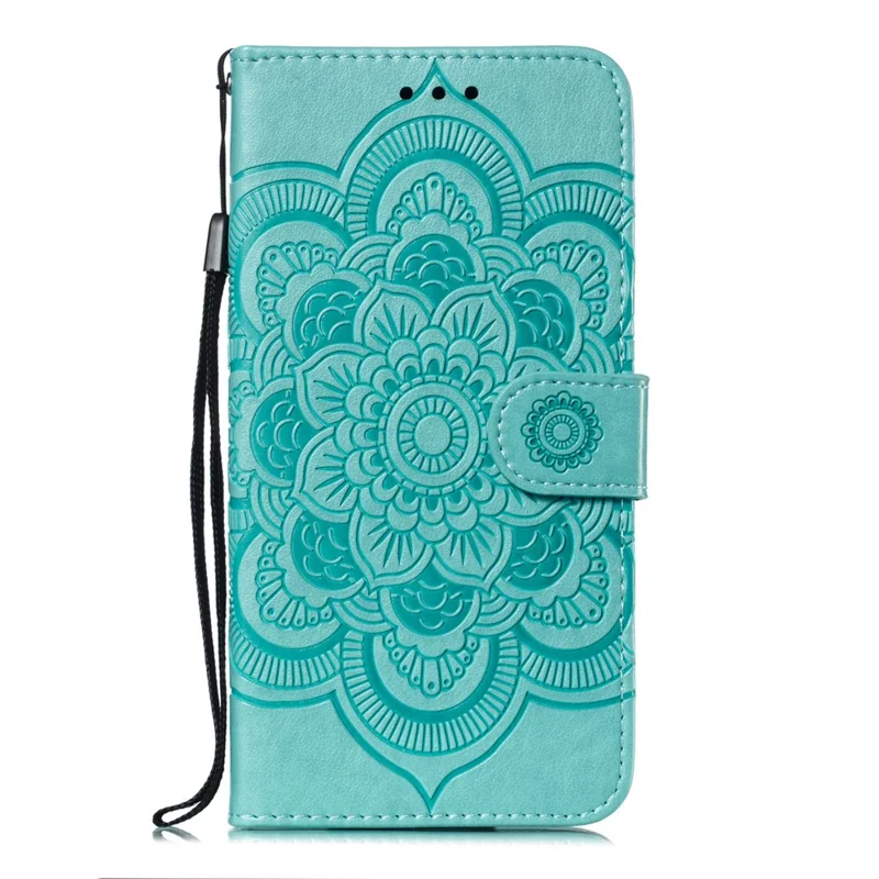 Impreinte Mandala Flower Stand Portefeuille Cas Pour Samsung Galaxy A70 - Cyan