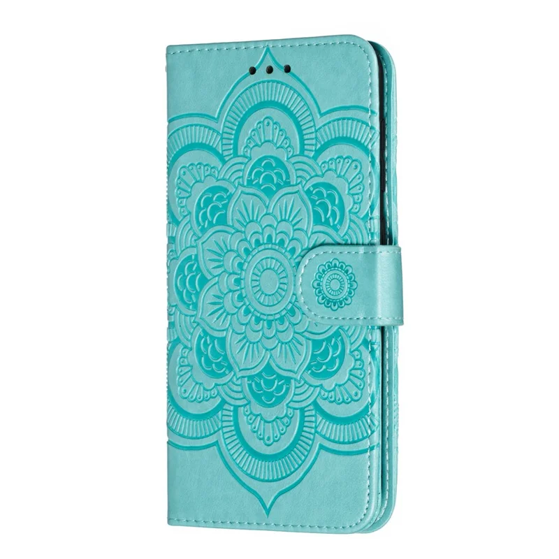 Impreinte Mandala Flower Stand Portefeuille Cas Pour Samsung Galaxy A70 - Cyan