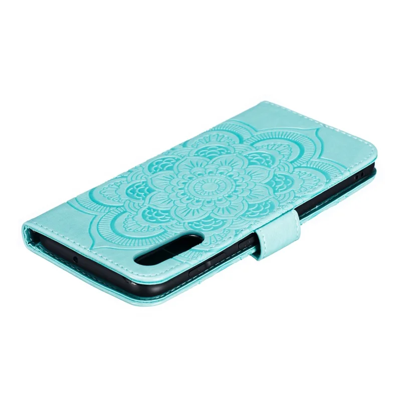 Impreinte Mandala Flower Stand Portefeuille Cas Pour Samsung Galaxy A70 - Cyan