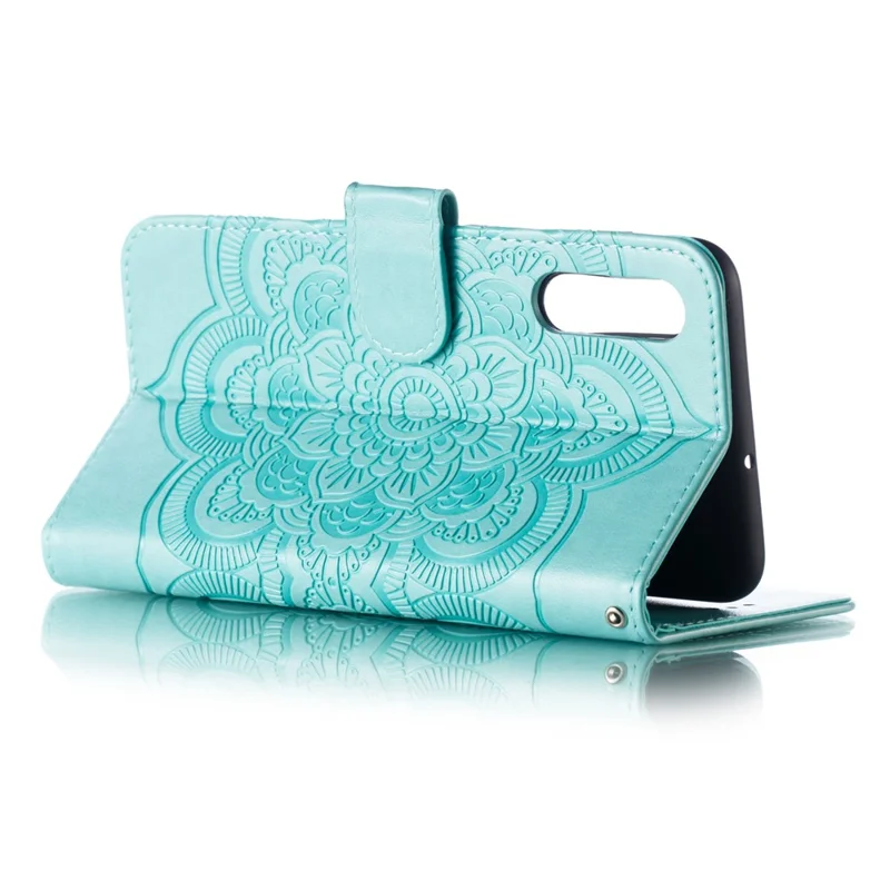 Impreinte Mandala Flower Stand Portefeuille Cas Pour Samsung Galaxy A70 - Cyan