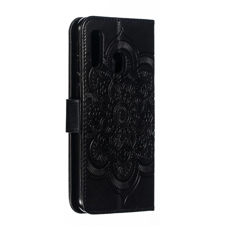 Funda de Billetera de Cuero con Estampado de Flor Mandala para Samsung Galaxy A20e, Accesorio de Teléfono a Prueba de Arañazos - Negro