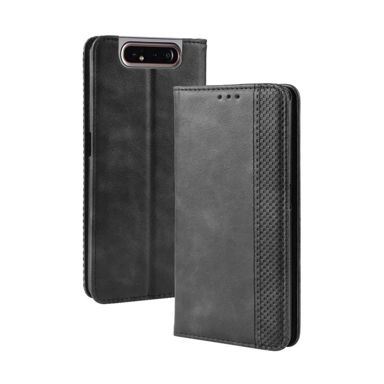 Estuche de Billetera de Cuero PU de Estilo Vintage de Estilo Automático Para Samsung Galaxy A80 / A90 - Negro