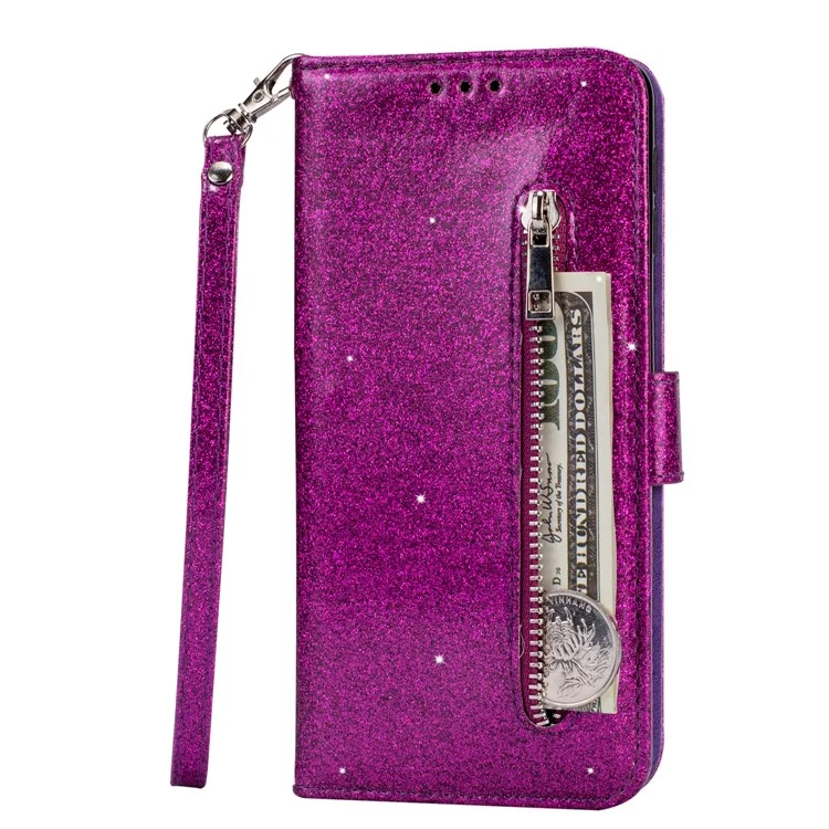 Glitter Powder Zippered Stand Leather Wallet Case with Strap for Samsung Galaxy A10 - Purple