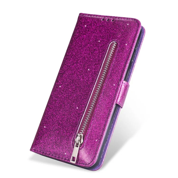 Glitter Powder Zippered Stand Leather Wallet Case with Strap for Samsung Galaxy A10 - Purple