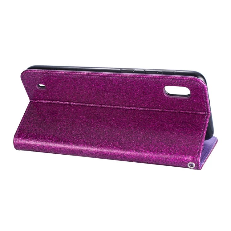 Glitter Powder Zippered Stand Leather Wallet Case with Strap for Samsung Galaxy A10 - Purple