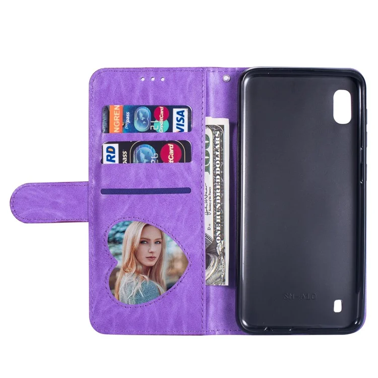 Glitter Powder Zippered Stand Leather Wallet Case with Strap for Samsung Galaxy A10 - Purple