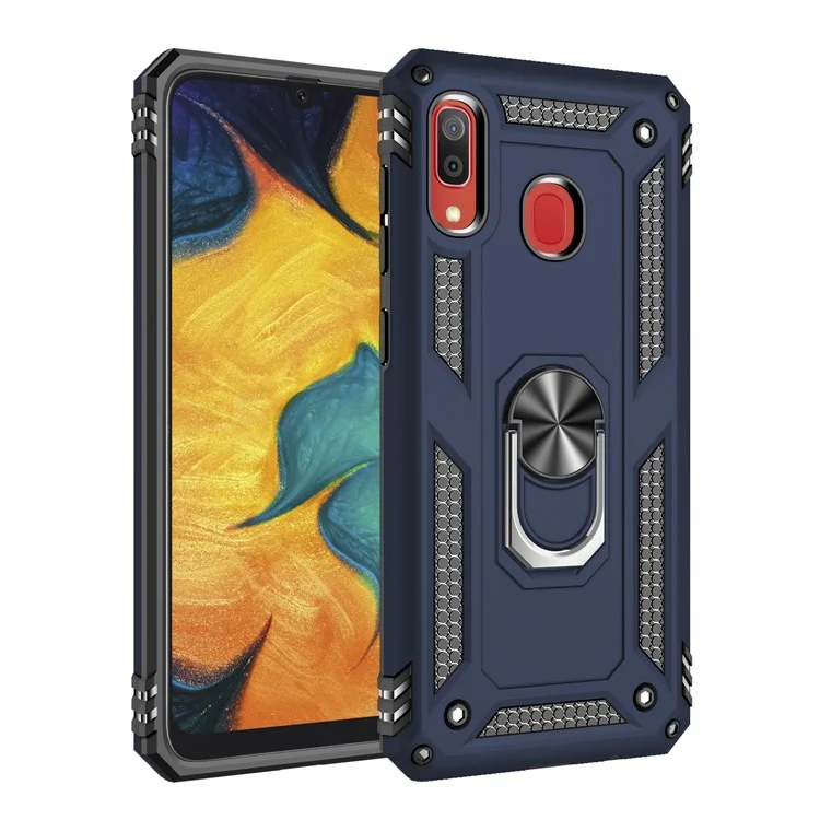 Estuche híbrido de PC y TPU con soporte de anillo giratorio de 360 grados para Samsung Galaxy A30 - Azul oscuro