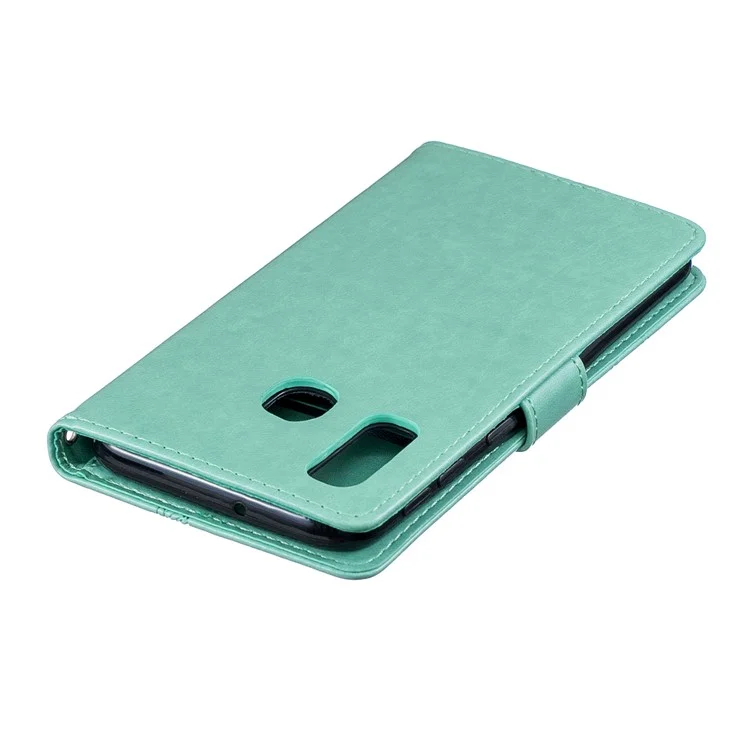 Case Mobile en Cuir PU à Fleur de Papillon Imprimé Pour Samsung Galaxy A40 - Cyan
