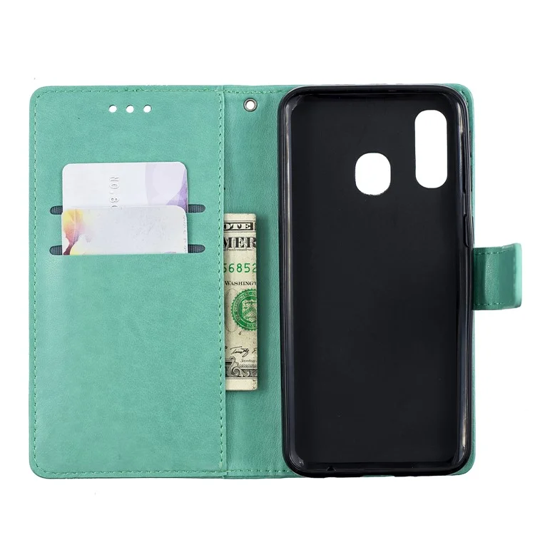 Case Mobile en Cuir PU à Fleur de Papillon Imprimé Pour Samsung Galaxy A40 - Cyan