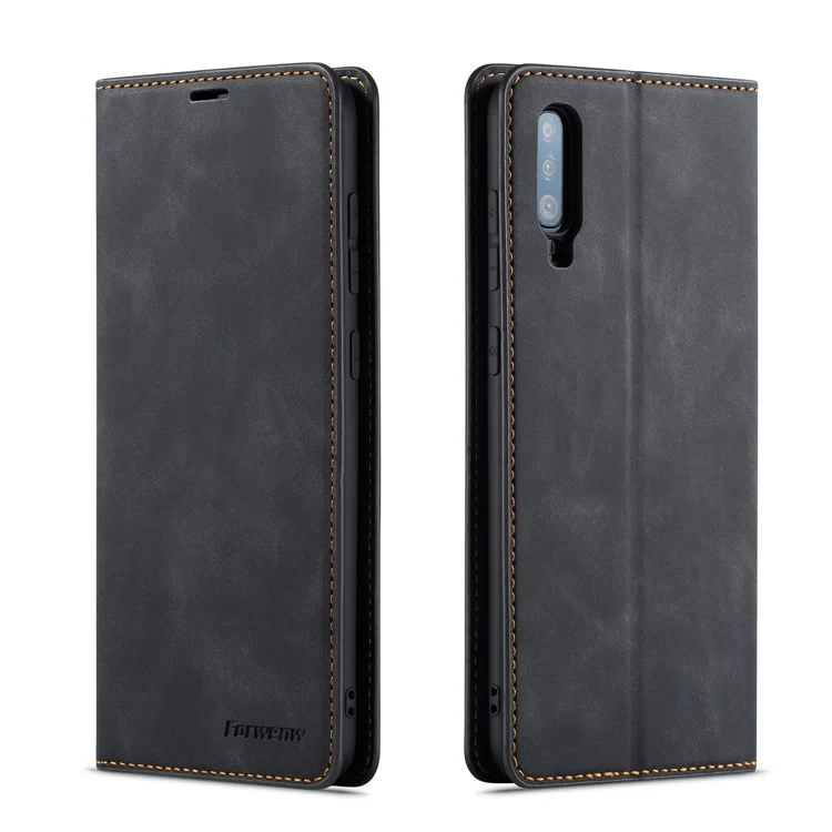 FORWENW Fantasy Series Auto-absorbed Silky Touch Leather Wallet Stand Case for Samsung Galaxy A70 - Black