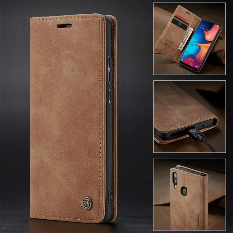 CASEME 013 Series Auto-absorbed Leather Wallet Case for Samsung Galaxy A20/A30 - Brown