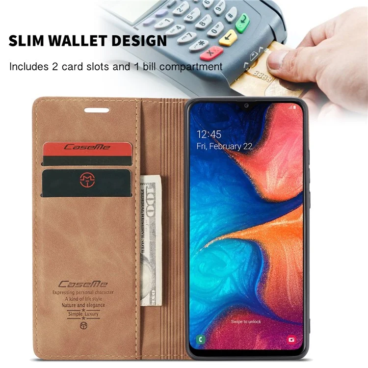 CASEME 013 Series Auto-absorbed Leather Wallet Case for Samsung Galaxy A20/A30 - Brown