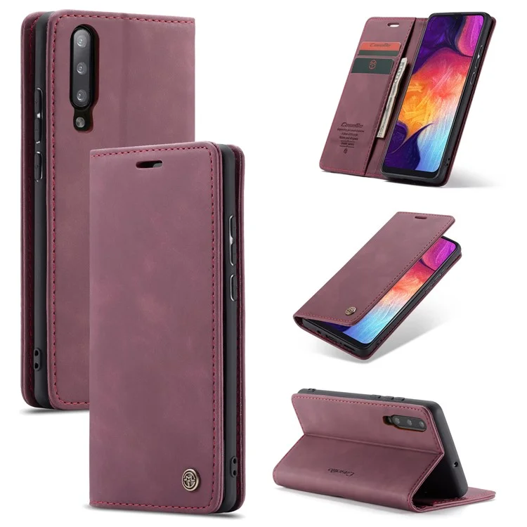 CASEME 013 Series Auto-absorbed Leather Wallet Case for Samsung Galaxy A50 - Wine Red