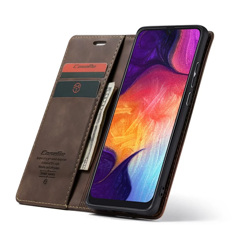 CASEME 013 Series Auto-absorbed Leather Wallet Case for Samsung Galaxy A50 - Coffee