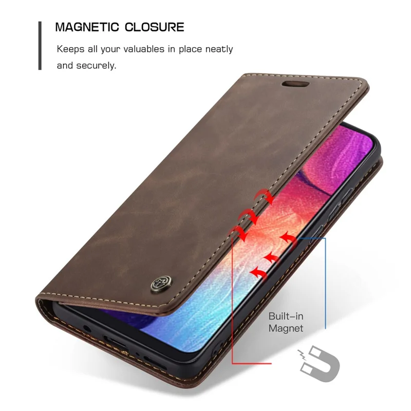 CASEME 013 Series Auto-absorbed Leather Wallet Case for Samsung Galaxy A50 - Coffee